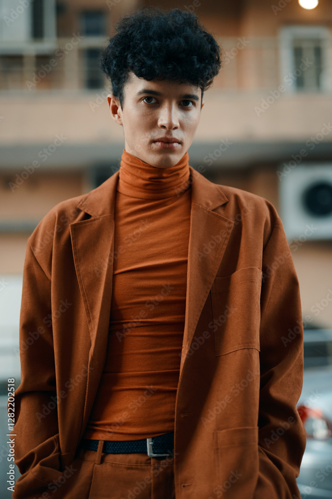Fototapeta premium Stylish man in brown outfit with a turtleneck and blazer against an urban backdrop