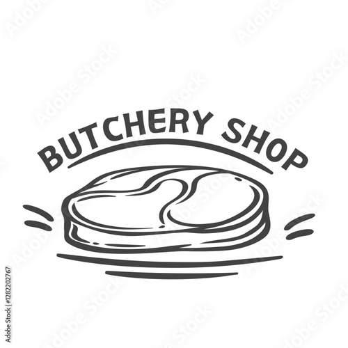 Butchery shop logo with steak line icon. Outline hand drawn emblem of high quality fresh raw beef slice for beefsteak, vintage badge of rustic farm meat store. Butchery logotype vector illustration