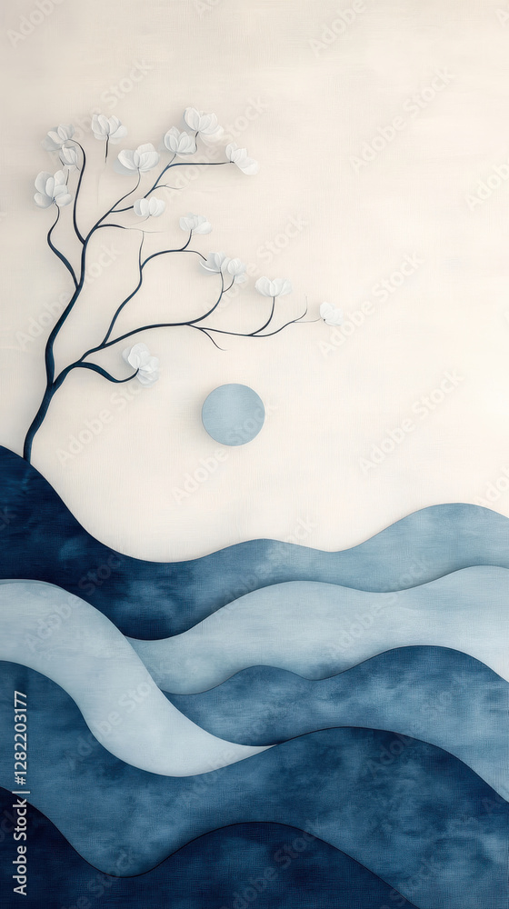 Tranquil Blue Landscape with Floral Accents and Soft Waves