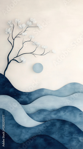 Obraz na płótnie Tranquil Blue Landscape with Floral Accents and Soft Waves w salonie