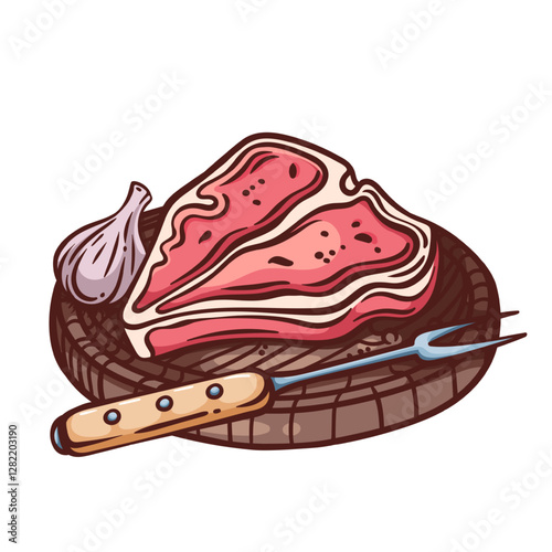 Tbone raw beef steak on wooden board. Outline hand drawn color sketch of gourmet juicy beefsteak with fork and garlic. BBQ meat, restaurant menu mascot, fresh cow meat steak icon vector illustration