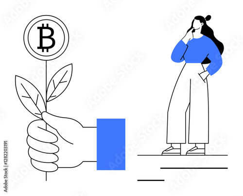 Woman in reflective pose looking at a hand holding a flower with a Bitcoin logo. Ideal for investment, cryptocurrency, growth, financial planning, innovation, digital currency, pondering abstract