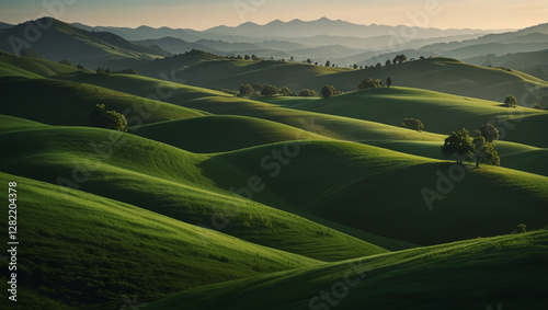 landscape background with green grass and mountains