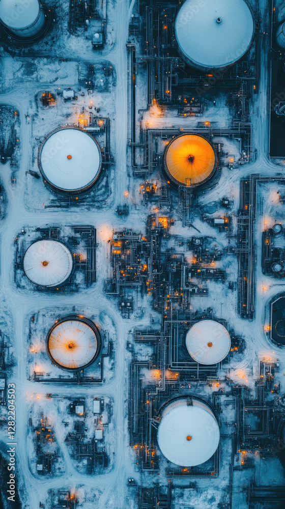 Aerial View of Industrial Complex with Storage Tanks and Pipelines