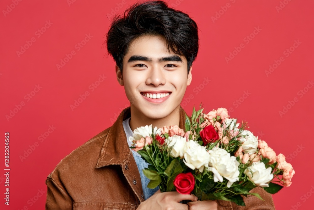 Commercial digital ads visual idea. Love confession. Valentine's day greeting from man or for man: impressive striking image of loving asian young man. Love and elegance. Ideal lover concept. Commercial digital ads visual idea. Love confession. Valentine's day greeting from man or for man: impressive striking image of loving asian young man. Love and elegance. Ideal lover concept.