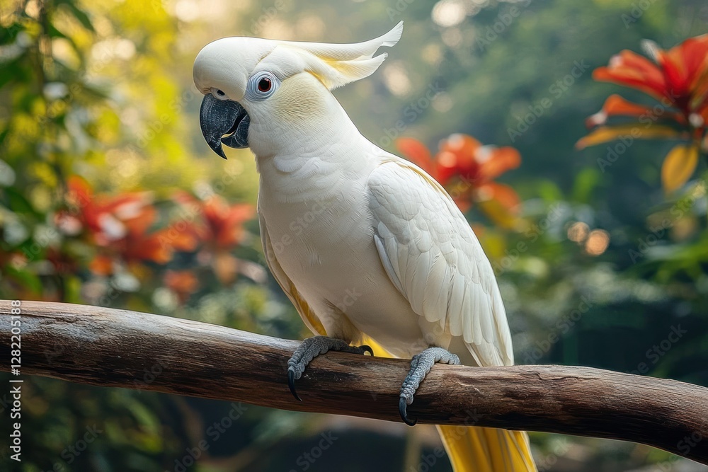 Sulphur-crested cockatoo perched on a branch in morning light showcasing beautiful white feathers and lush green background Sulphur-crested cockatoo perched on a branch in morning light showcasing beautiful white feathers and lush green background