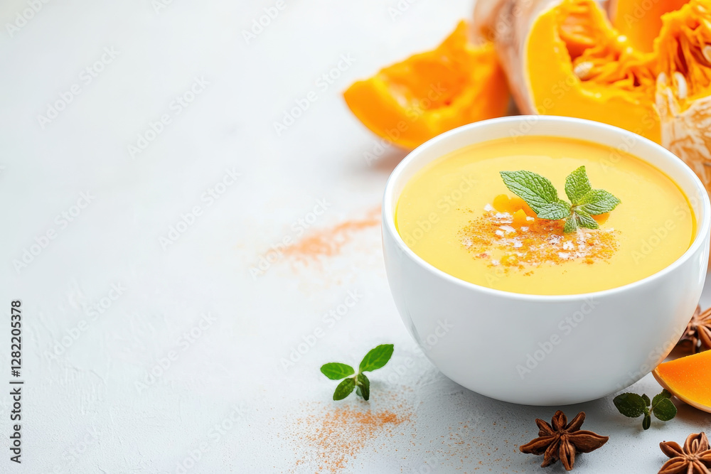 Creamy Pumpkin Soup with Fresh Herbs and Spices in a Bowl