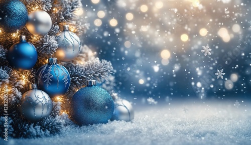 Blue Christmas Tree Winter Wonderland with Snowflakes and Ornaments