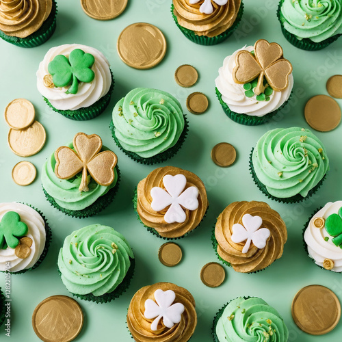 Top view of St. Patrick's themed cupcakes, decorated with gold, green and white icing clover and coins decorations photo