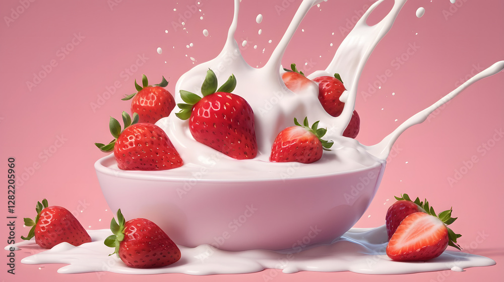 Concept starwberry yogurt splash on pink background Concept starwberry yogurt splash on pink background