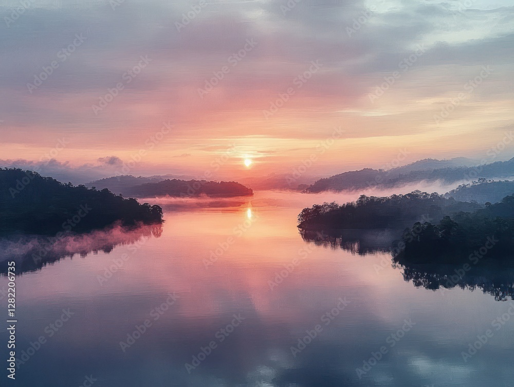 Aerial View of Tranquil Lake at Sunset with Mist and Soft Pastel Colors Aerial View of Tranquil Lake at Sunset with Mist and Soft Pastel Colors