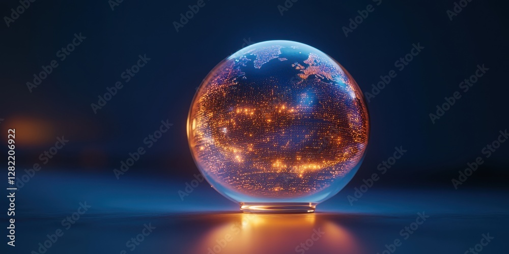 Glowing crystal globe displaying illuminated continents against a dark backdrop Glowing crystal globe displaying illuminated continents against a dark backdrop