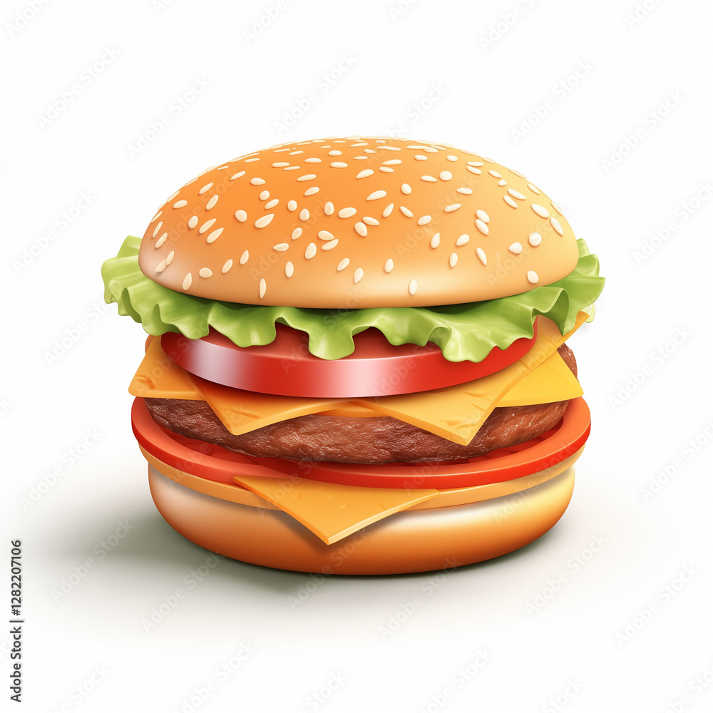 Cheeseburger with lettuce, tomato, and sesame seed bun on white background Cheeseburger with lettuce, tomato, and sesame seed bun on white background