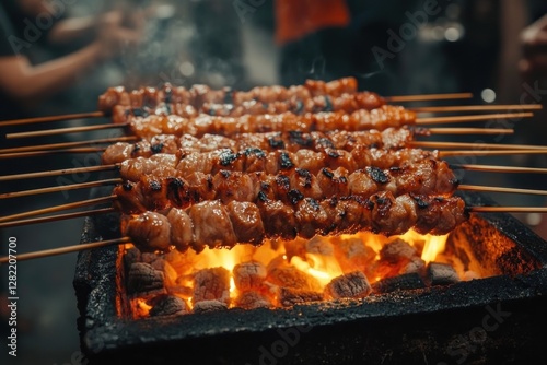 Grilling Chicken Satay Over Charcoal in Traditional Indonesian Style with Skewers and Spicy Sauce