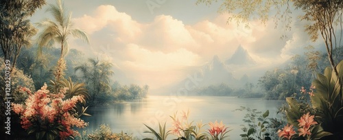 Watercolor Jungle Landscape Wallpaper Tropical Nature Art Design Floral Background Lush Exotic Foliage Garden Decor