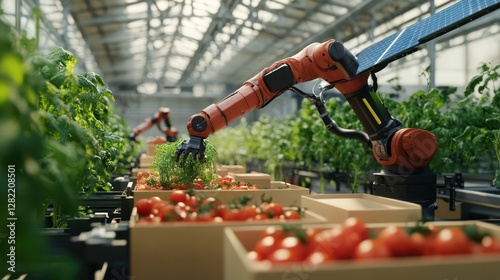 A robot packs organic vegetables into boxes, powered by solar panels, preparing them for distribution.

