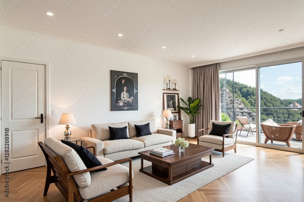 Fototapeta premium Elegant Modern Living Room Featuring Neutral Tones, Cozy Sofa, and Scenic Balcony View in a Contemporary Apartment Setting