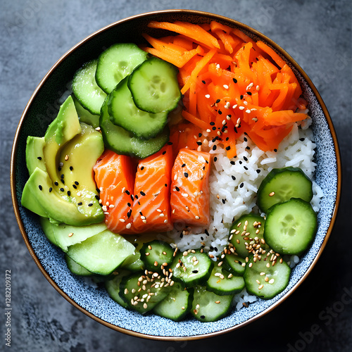 Exquisite Harmony: A Delectable Arrangement of a Vibrant Pokebowl with Fresh Ingredients and Artful Presentation, Celebrating Color and Flavor in Culinary Art