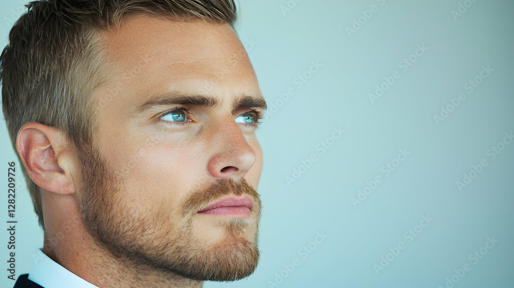 Fototapeta premium Thoughtful businessman profile, studio shot, light background, business portrait