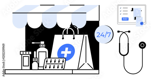Pharmacy shopfront with medical bag, pills, and bottles. Nearby, a stethoscope and digital prescription form. Ideal for healthcare, medicine, pharmacy, 247 service online shopping medical