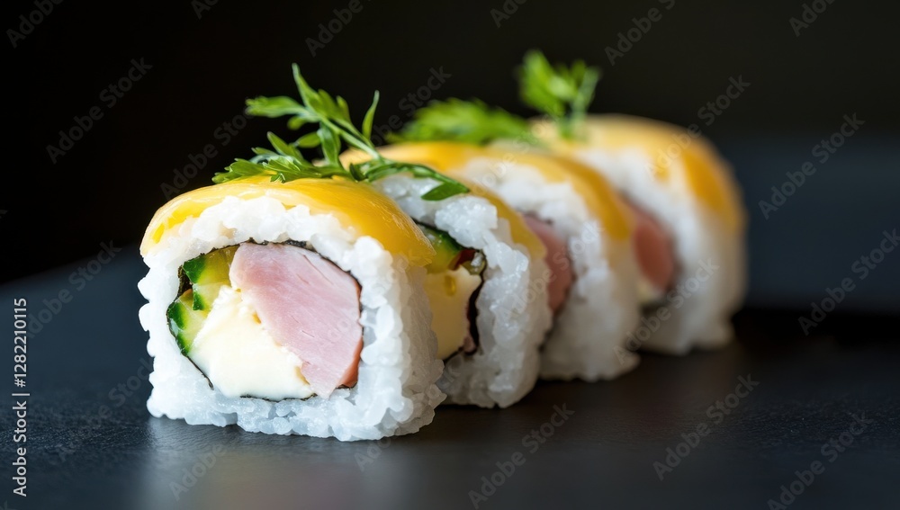 Close-up of vibrant sushi rolls with fresh ingredients on black plate Close-up of vibrant sushi rolls with fresh ingredients on black plate