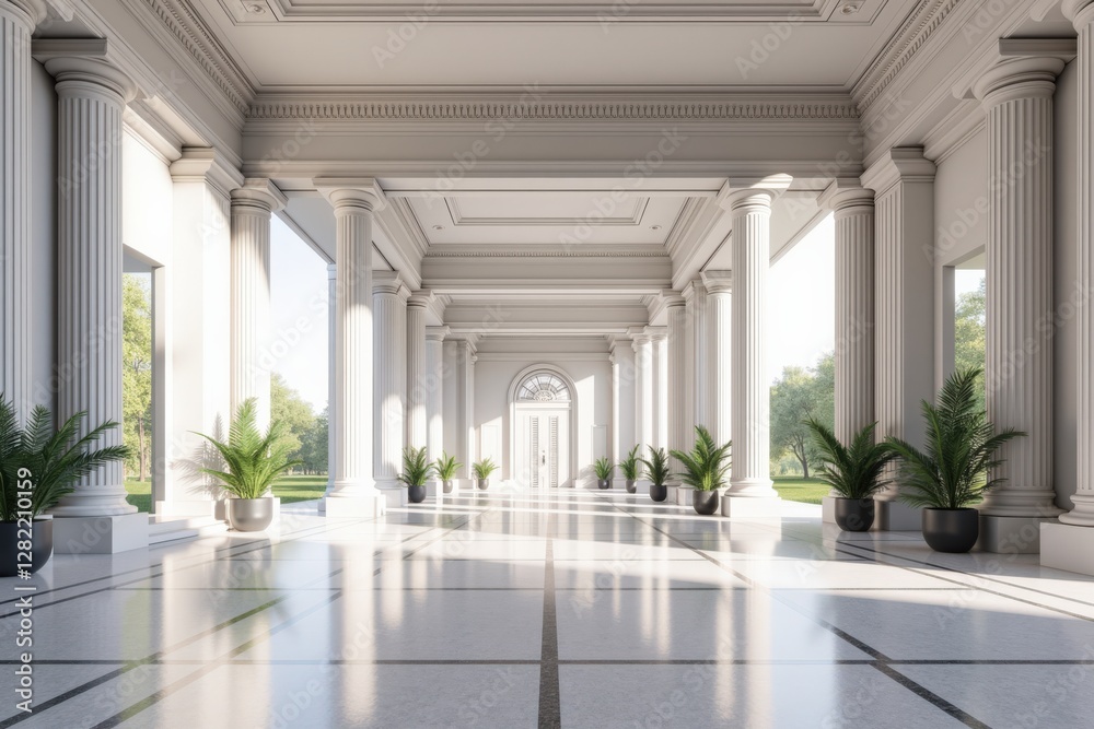 Obraz premium Bright and Airy Neoclassical Hallway with Tall Columns and Lush Greenery, Featuring Elegant Marble Flooring and Ample Natural Light from Arched Windows