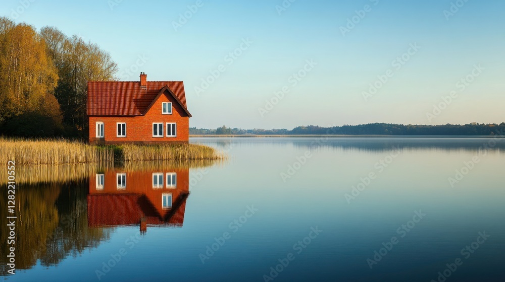 Obraz premium A serene lakeside scene featuring a red house reflecting in calm waters.