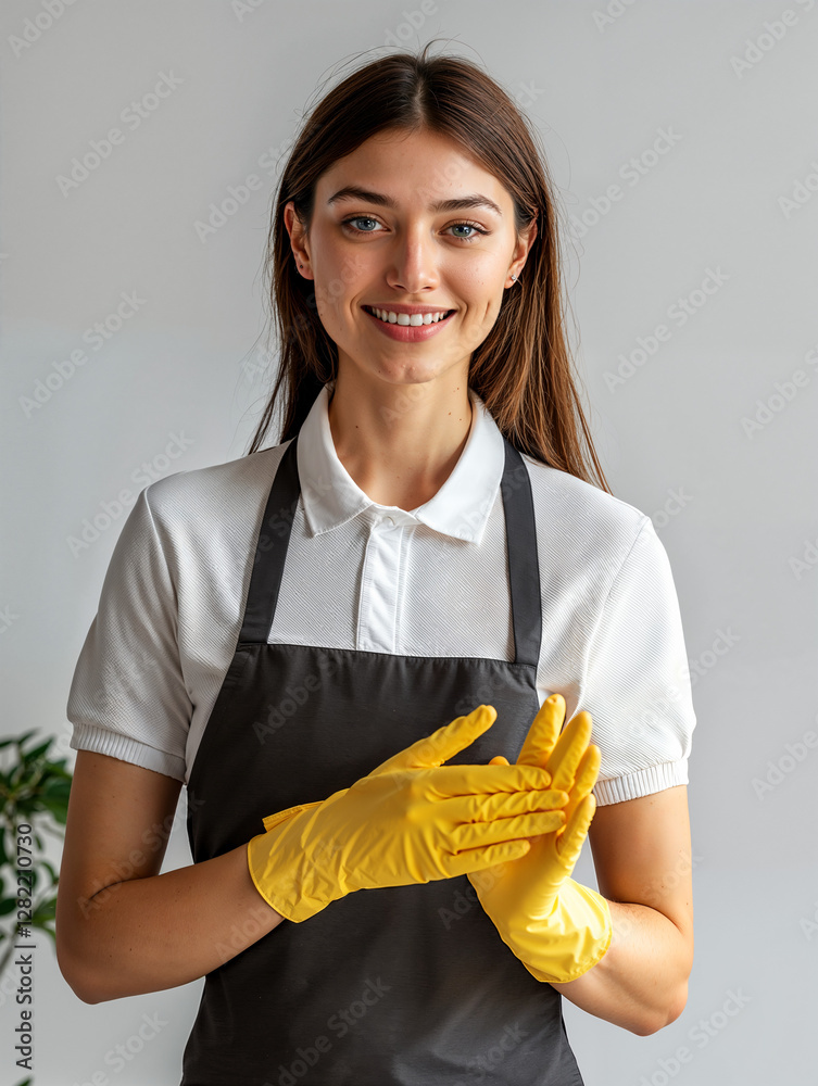 Smiling young woman preparing to clean while wearing yellow gloves and an apron in a bright indoor setting Smiling young woman preparing to clean while wearing yellow gloves and an apron in a bright indoor setting