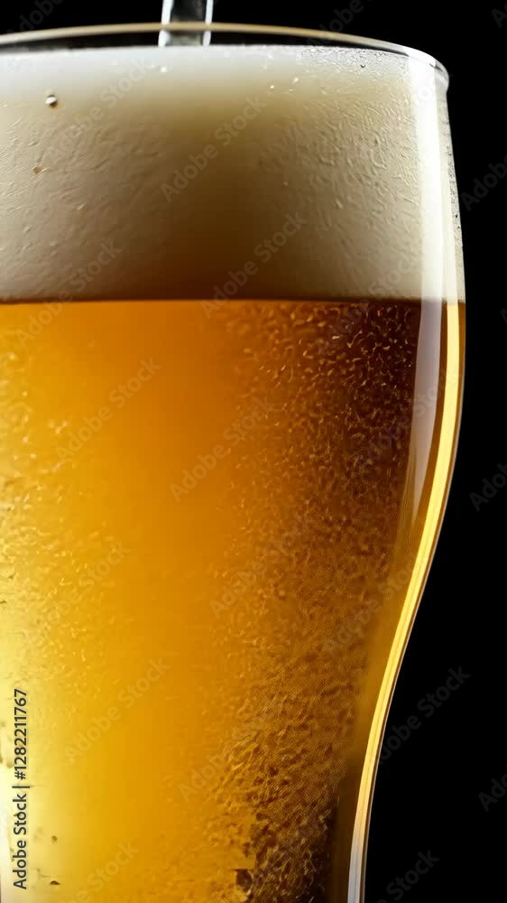 Refreshing golden beer in a frosty glass with creamy foam on top served against a dark background Refreshing golden beer in a frosty glass with creamy foam on top served against a dark background