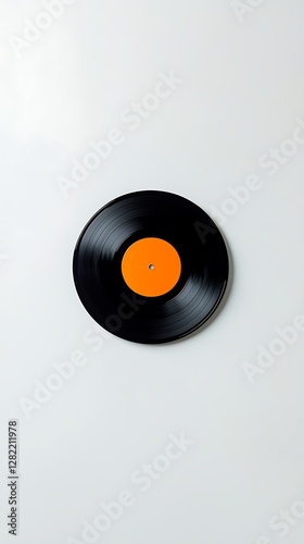 Black Vinyl Record with Orange Label on a Plain White Background Circular Music Media Disc Object