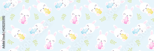 Easter bunnies on blue background seamless pattern. Cute happy rabbit with egg. Easter egg hunt vector.