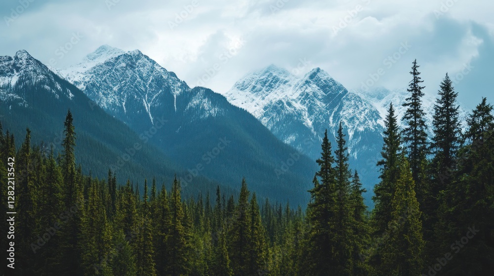 A serene mountain landscape with snow-capped peaks and dense evergreen forests. A serene mountain landscape with snow-capped peaks and dense evergreen forests.