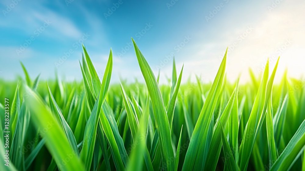 Fototapeta premium Close up shot of fresh green grass under blue sky