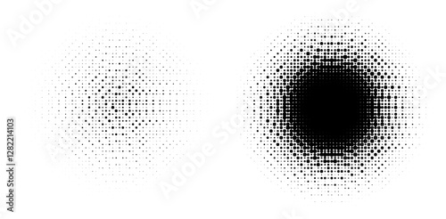 Two circular dot patterns on a white background, transitioning from dense black at the center to sparse edges. The design creates a minimalist and abstract visual, emphasizing contrast and symmetry.