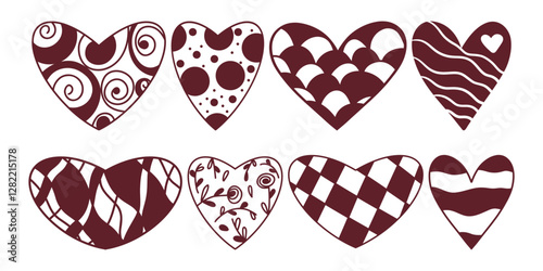 Set of hearts, whirls, checkered, waves, circles