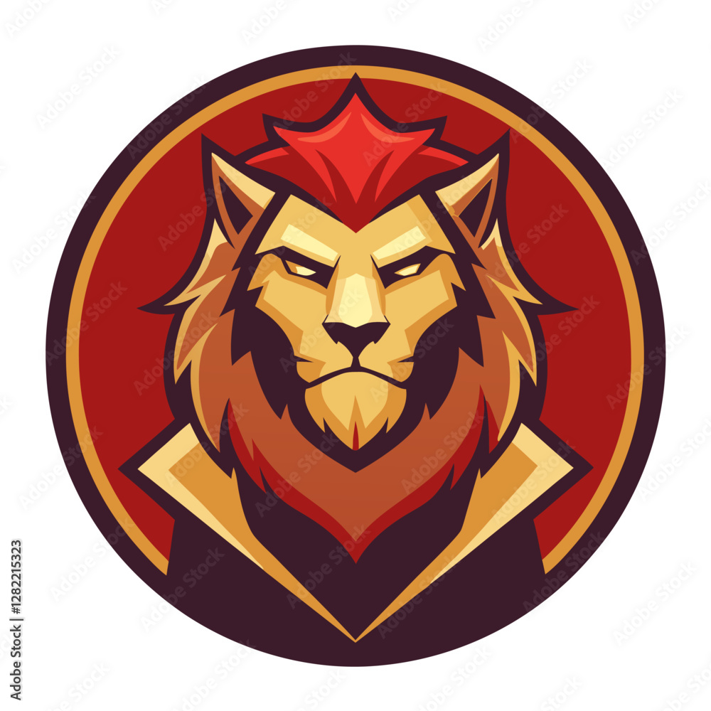 Obraz premium Majestic Lion Badge Vector - Golden Mane Clipart, Line Art & Cartoon Illustration, Majestic lion badge vector with golden mane, perfect for clipart, line art, and cartoon designs.