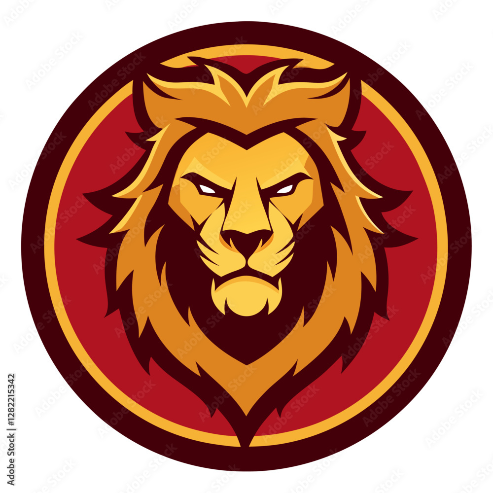 Fototapeta premium Majestic Lion Badge Vector - Golden Mane Clipart, Line Art & Cartoon Illustration, Majestic lion badge vector with golden mane, perfect for clipart, line art, and cartoon designs.