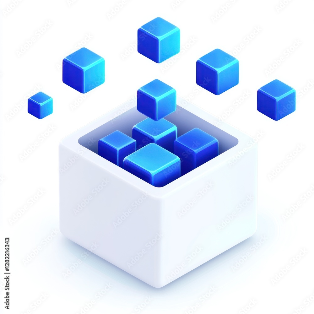Obraz premium Blue cubes floating into a white box, representing data storage or transfer.