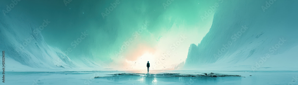 Solitary Figure Against a Vast Ethereal Landscape at Dawn Solitary Figure Against a Vast Ethereal Landscape at Dawn