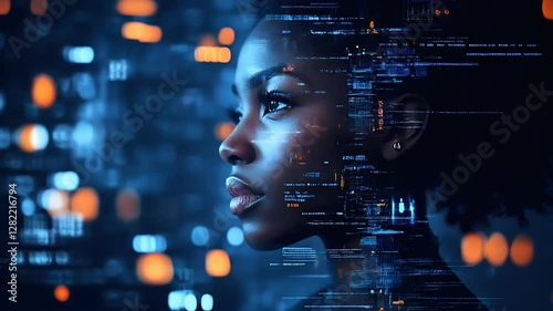 AI cybersecurity defense illustration, African American female IT expert monitoring system security, futuristic data visualization with holographic UI, side perspective, deep blue cyber environment, w