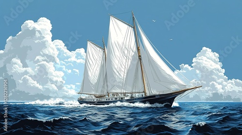 Majestic Schooner Sailing Under Cumulus Clouds