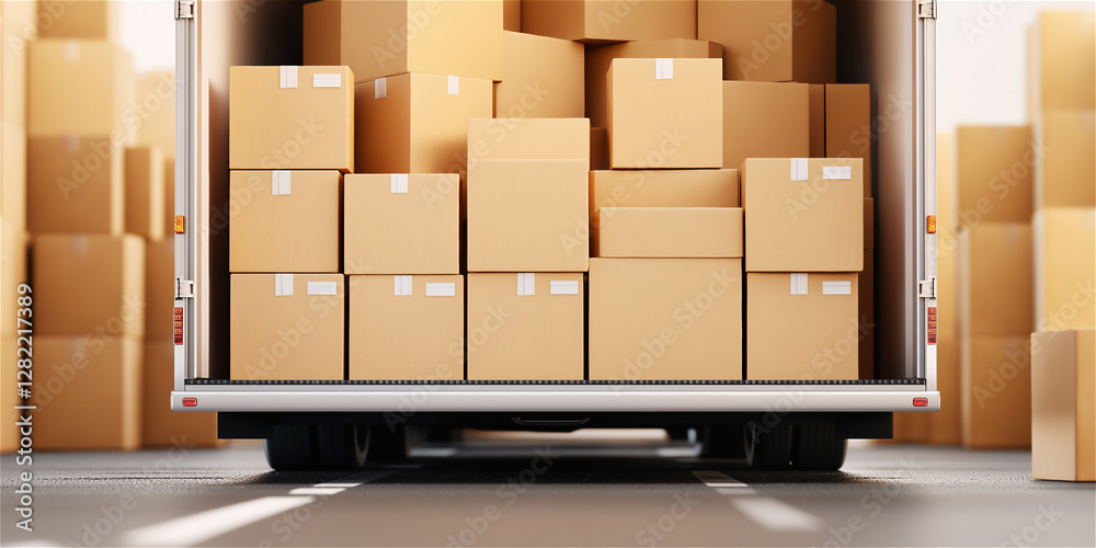 Stacks of cardboard boxes inside a truck, ready for transport. The photo highlights the organized packing, which represents logistics, delivery, and shipping processes. Stacks of cardboard boxes inside a truck, ready for transport. The photo highlights the organized packing, which represents logistics, delivery, and shipping processes.