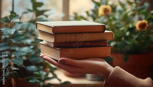 Hand Holding a Stack of Vintage Books in Soft Natural Light