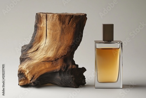 A luxurious glass bottle filled with golden oud perfume stands beside a richly textured piece of aged wood.
