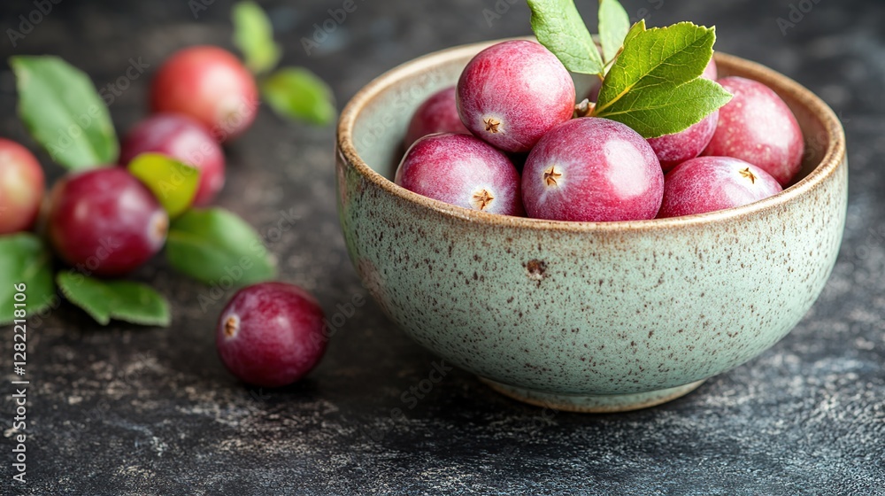 Fresh red plums in bowl on dark table, scattered fruit background Fresh red plums in bowl on dark table, scattered fruit background