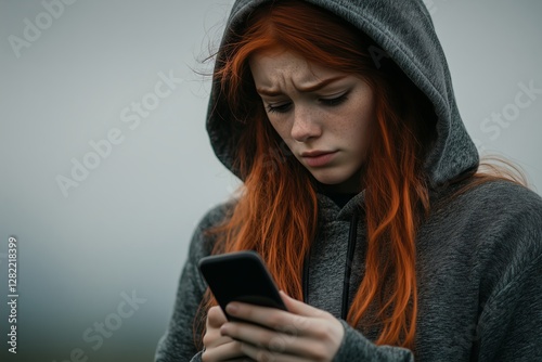 Young Woman in Hoodie Engaged with Mobile Phone in Overcast Setting