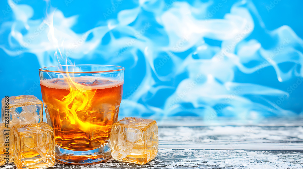 Glass of Whiskey with Flames and Ice Cubes on a Blue Smoke Background Perfect for Summer Refreshment Glass of Whiskey with Flames and Ice Cubes on a Blue Smoke Background Perfect for Summer Refreshment