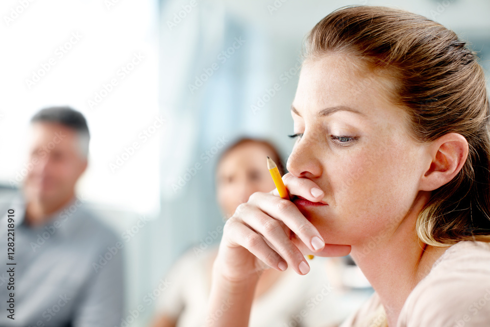 Thinking, meeting and business woman in office for brainstorming ideas, planning and problem solving. Corporate, professional and people in boardroom for company opportunity, solution and project Thinking, meeting and business woman in office for brainstorming ideas, planning and problem solving. Corporate, professional and people in boardroom for company opportunity, solution and project