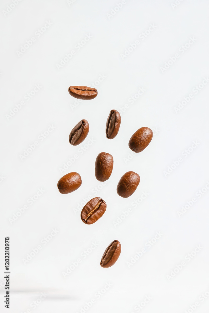 Floating Coffee Beans in Air with Clean White Background