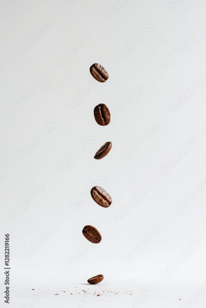 Coffee Beans Falling in Air Isolated on Light Background